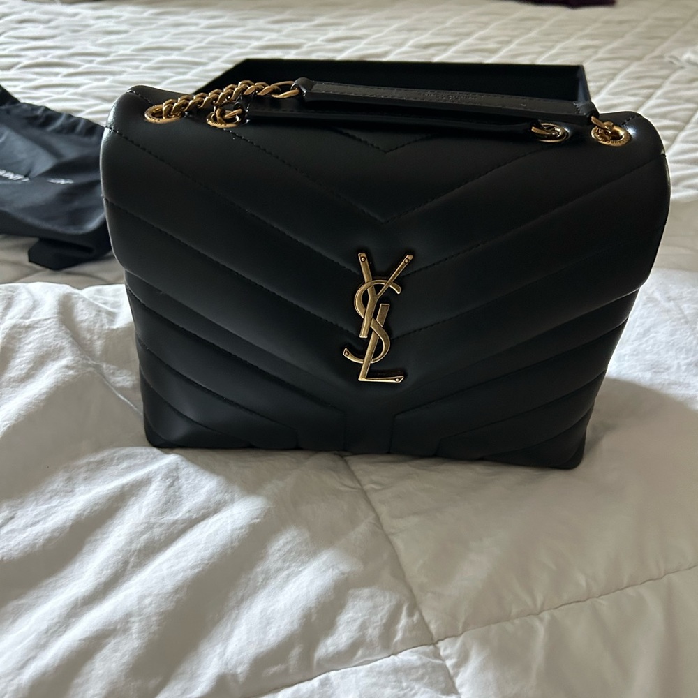 Yves Saint Laurent Small LouLou Black Leather Shoulder Bag with Gold Chain